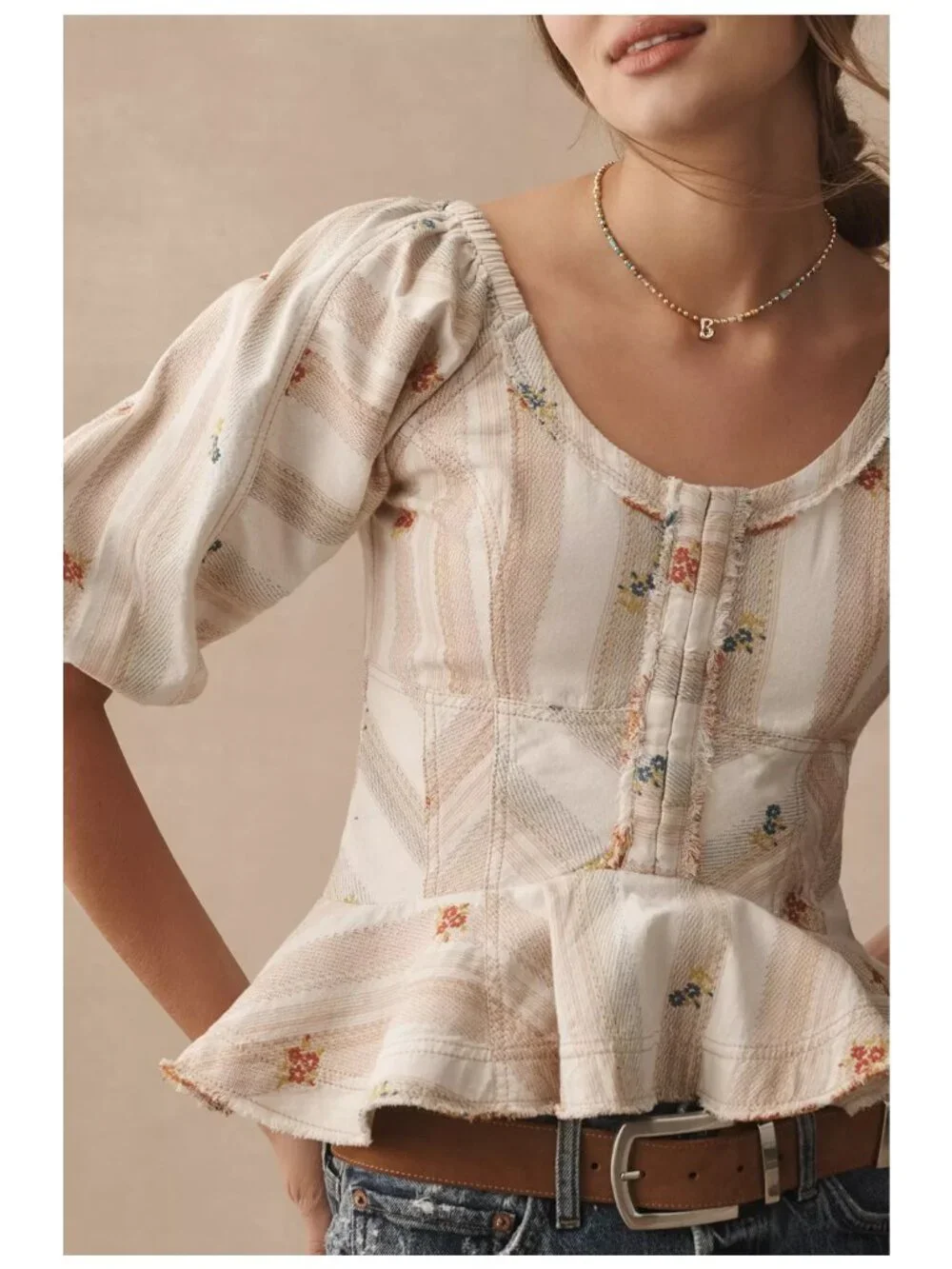 Anthropologie Pilcro Puff-Sleeve Peplum Blouse Neutral Motif Floral Cream M
